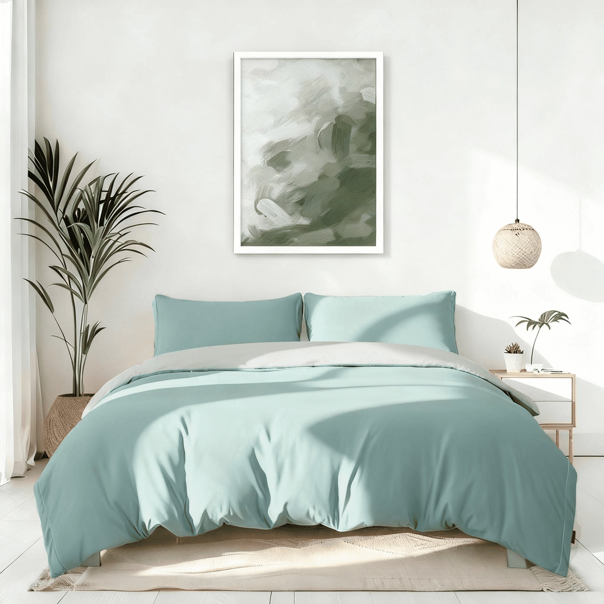 edssen duvet cover set in cloud green, soft bedding with pillowcases in modern bedroom #color_cloud-green