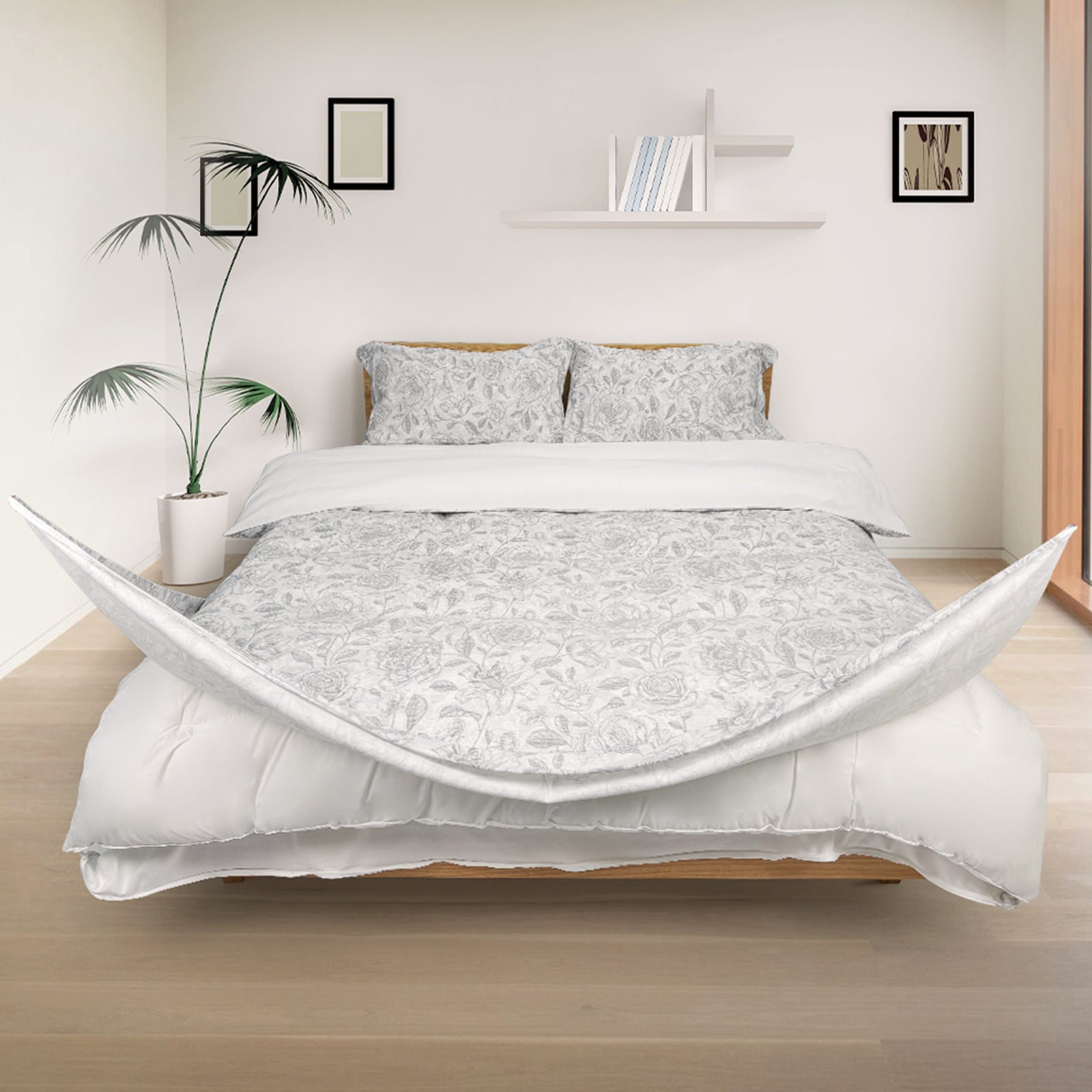 Redssen 3-sided zip duvet cover opening, light grey bloom floral pattern with pillowcases #color_grey-bloom-floral