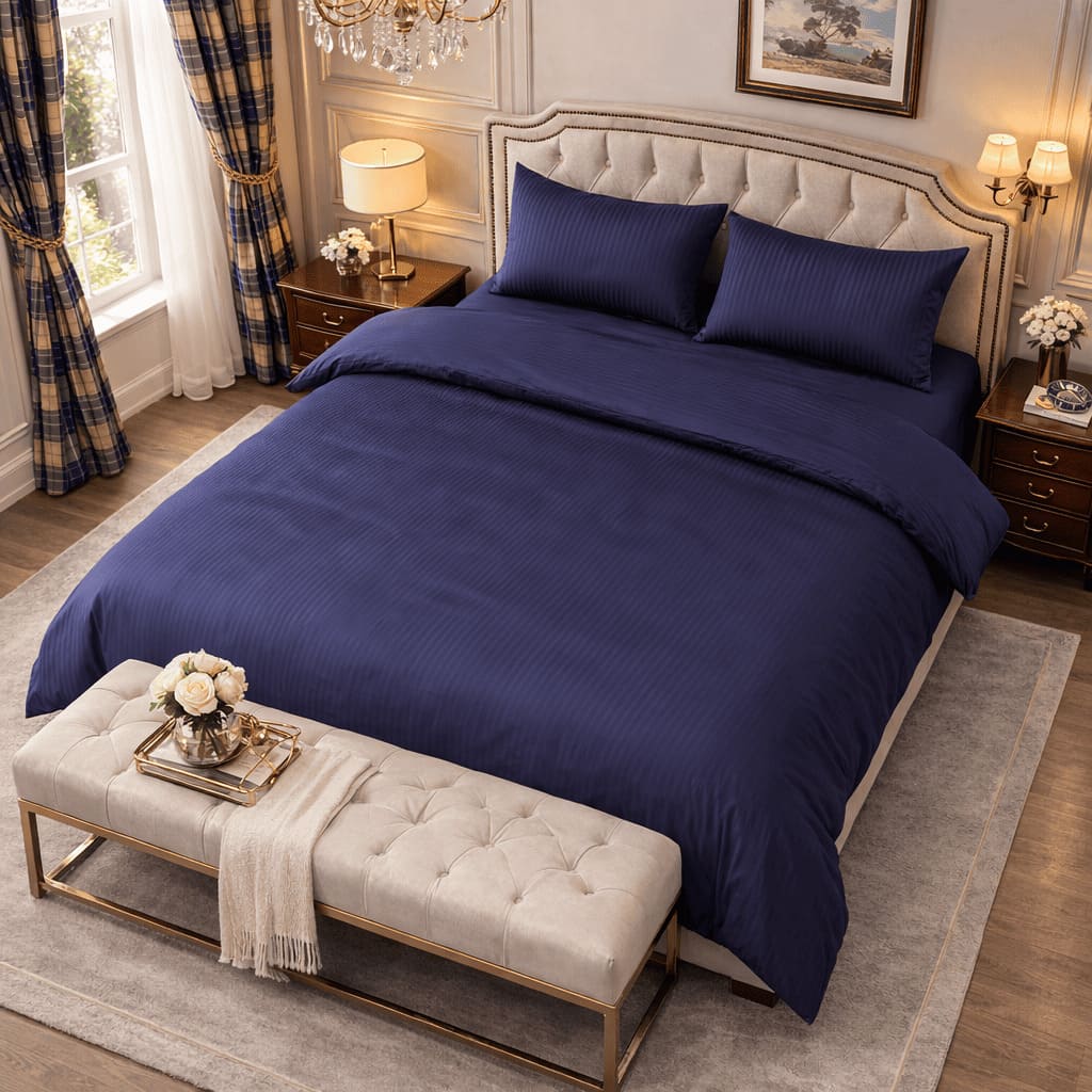 Redssen navy blue duvet cover set styled in elegant bedroom, soft striped bedding with pillowcases #color_navy_blue