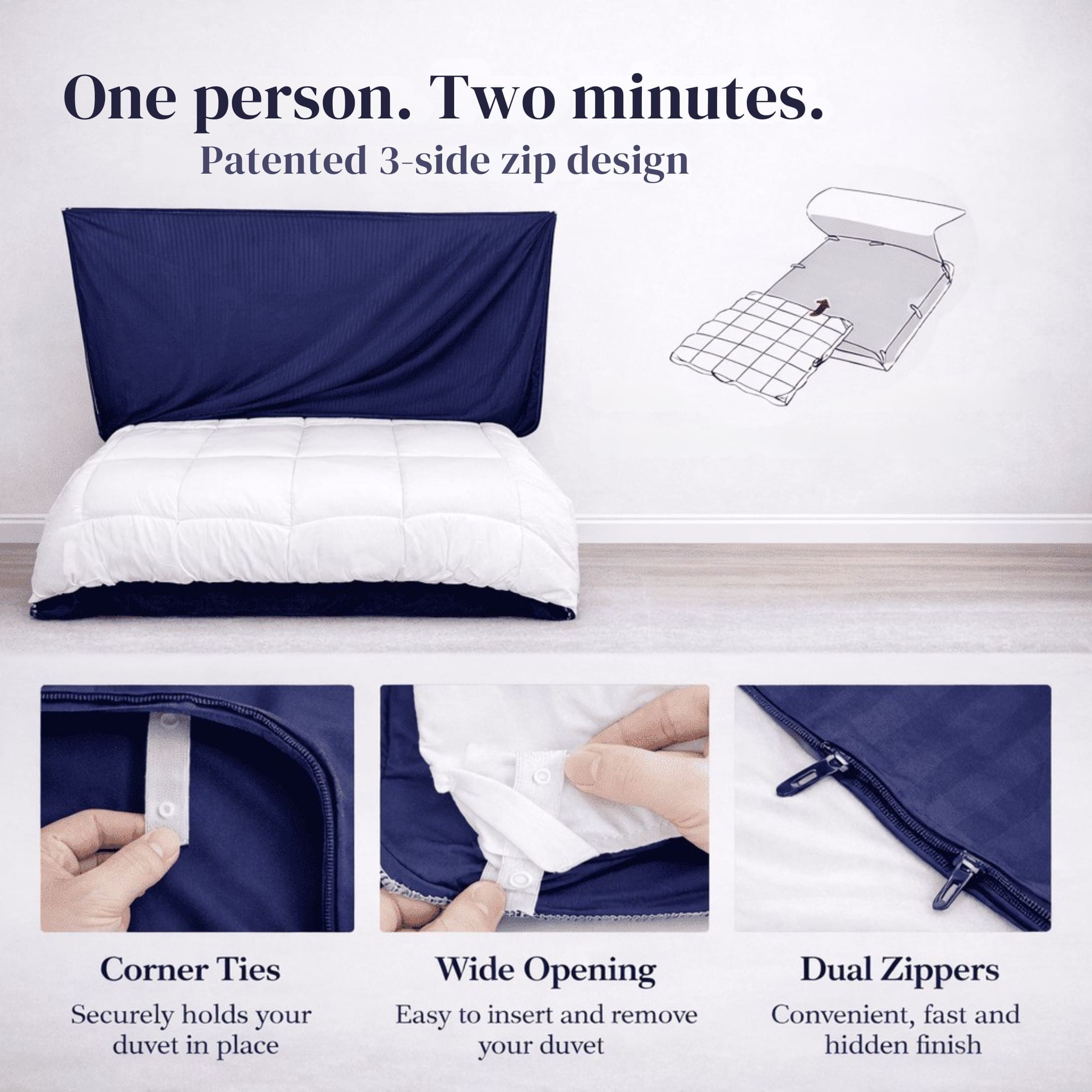 Redssen 3-sided zip duvet cover with wide opening, corner ties and dual zippers #color_navy-blue