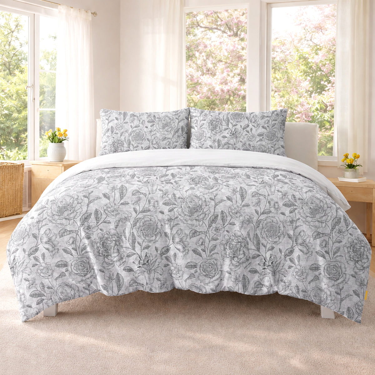 Grey Bloom Floral Duvet Cover Zip Duvet Cover Set